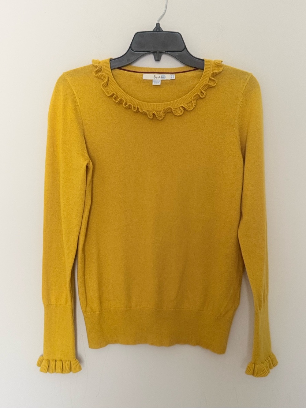 Boden Ruffled Crewneck Sweater in Mustard Yellow